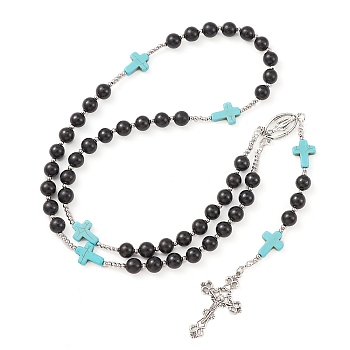Synthetic Turquoise & Wood Rosary Bead Necklace, Alloy Cross & Virgin Mary Pendant Necklace for Religion, Blue, 25.98 inch(66cm)