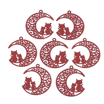 430 Stainless Steel Kitten Pendants, Spray Painted, Etched Metal Embellishments, Crescent Moon with Couple Cat Shape, Dark Red, 22x19x0.5mm, Hole: 1mm