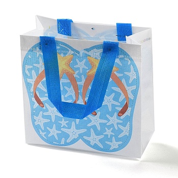 Summer Beach Theme Printed Flip Flops Non-Woven Reusable Folding Gift Bags with Handle, Portable Waterproof Shopping Bag for Gift Wrapping, Rectangle, Deep Sky Blue, 9x19.8x20.5cm, Fold: 24.8x19.8x0.1cm