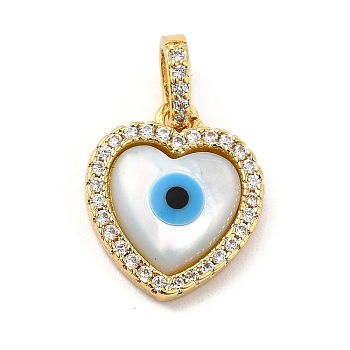 Brass Micro Pave Cubic Zirconia Pendants, with Cellulose Acetate(Resin) Evil Eye, Golden, Heart, 16x14x3mm, Hole: 5x3.5mm