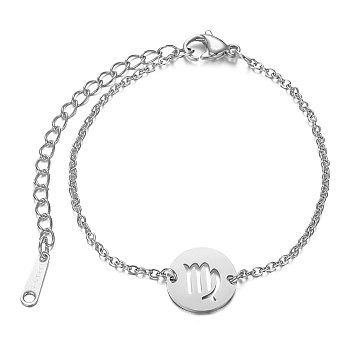 201 Stainless Steel Link Bracelets, with Cable Chains and Lobster Claw Clasps, Flat Round with Constellation, Virgo, 6 inch~6-3/4 inch(15~17.5cm), 1.5mm