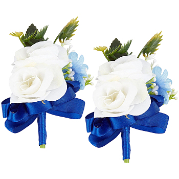 2Pcs Silk Cloth Flower Boutonniere Brooch, Platic Lapel Pin for Wedding Party, Marine Blue, 127x90x47mm