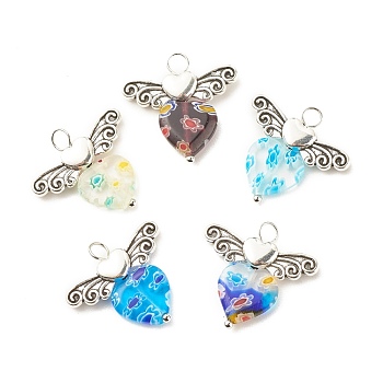 Handmade Millefiori Lampwork Pendants, with Tibetan Style Alloy Beads, Heart with Wing, Mixed Color, 22x23.5x3.5mm, Hole: 3.8mm