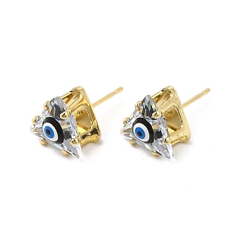 Triangle Glass with Enamel Evil Eye Stud Earrings, Real 18K Gold Plated Brass Jewelry for Women, Black, 10.5x10.5mm, Pin: 0.7mm