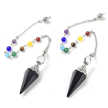 Natural Obsidian Hexagonal Pointed Dowsing Pendulums, with Chakra Mixed Stone and Alloy Findings, Cone/Spike, Platinum, 266mm, Hole: 1.6mm