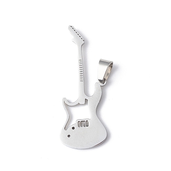 304 Stainless Steel Pendants, Stainless Steel Color, Guitar, Musical Instruments Pattern, 33.5x12x1mm, Hole: 5.5x3mmmm