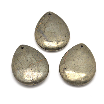 Teardrop Natural Pyrite Pendants, 45x35x10mm, Hole: 2mm