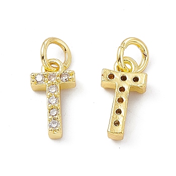 Real 18K Gold Plated Brass Micro Pave Clear Cubic Zirconia Charms, with Jump Ring, Letter.T, 12x6x2.5mm, Hole: 3.4mm