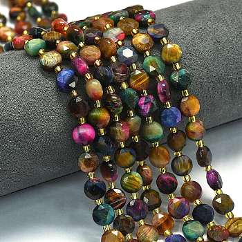 Dyed Natural Tiger Eye Beads Strands, Faceted Hexagonal Cut Coin Beads, Flat Round, with Seed Beads, Colorful, 8~8.5x5mm, Hole: 0.8mm, about 36pcs/strand, 15.16''(38.5cm)