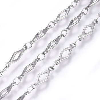 304 Stainless Steel Link Chains, Soldered, Rhombus, Stainless Steel Color, 13x4x1mm