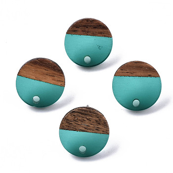 Transparent Resin & Walnut Wood Stud Earring Findings, with 304 Stainless Steel Pin, Flat Round, Turquoise, 14mm, Hole: 1.8mm, Pin: 0.7mm