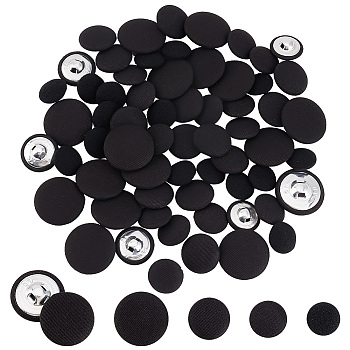 Elite 64Pcs 4 Style Cloth Shank Buttons, with Zinc Alloy Finding, Flat Round, for Overcoat Garment Accessories, Black, 14~25x7~10mm, Hole: 2~3x2~3mm, 16pcs/style