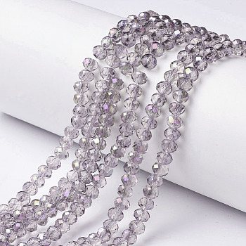 Electroplate Transparent Glass Beads Strands, Half Rainbow Plated, Faceted, Rondelle, Lilac, 6x5mm, Hole: 1mm, about 83~85pcs/strand, 38~39cm