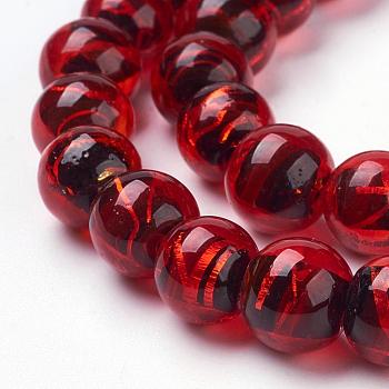Handmade Silver Foil Lampwork Beads Strands, Round, Red, 10mm, Hole: 2mm, 40pcs/strand, 14.57 inch