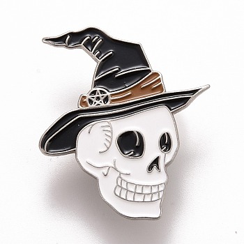 Skull with Witch Hat Enamel Pin, Halloween Alloy Badge for Backpack Clothes, Platinum, Black, 35x30x1.5mm, Pin: 1.2mm