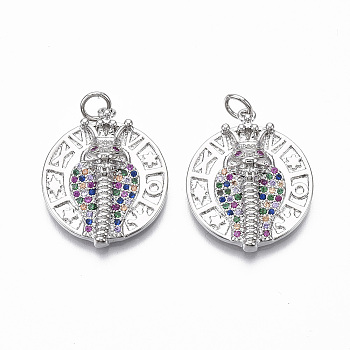 Brass Micro Pave Cubic Zirconia Pendants, with Jump Ring, Nickel Free, Flat Round with CoBra Snake, Colorful, Real Platinum Plated, 25x20.5x6mm, Hole: 3mm