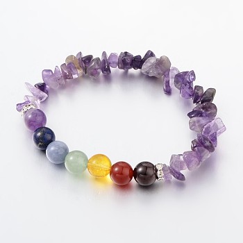 Chips and Round Chakra Natural Gemstone Beaded Stretch Bracelets, Amethyst, 50~53mm