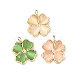 Brass Micro Pave Cubic Zirconia Pendants, with Cat Eye, Clover Charms, Long-Lasting Plated, Rack Plating, Light Gold, Mixed Color, 15x13x5mm, Hole: 4x1.8mm(KK-G557-28KCG)