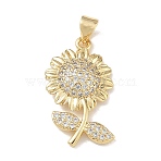 Brass Micro Pave Clear Cubic Zirconia Pendants, Sunflower Charms, Rack Plating, Long-Lasting Plated, Cadmium Free & Lead Free, Real 18K Gold Plated, 25x16.5x4mm, Hole: 5x3.5mm(KK-A303-07A-G)