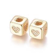 Brass Micro Pave Cubic Zirconia Beads, Long-Lasting Plated, Cube with Heart Pattern, Golden, Clear, Golden, 10x8x8.5mm, Hole: 1.5x3.5mm and 4mm(ZIRC-G162-16G-04)