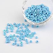 6/0 Opaque Colors Lustered Round Glass Seed Beads, Light Cyan, Size: about 4mm in diameter, hole:1.5mm, about 495pcs/50g(X-SEED-A012-4mm-123)