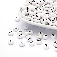 Acrylic Beads, with Horizontal Hole, Letter, Flat Round, Letter.T, 7x4mm, Hole: 1mm, about 3500pcs/500g(PL37C9070-T)