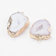 Electroplate Natural Druzy Geode Quartz Crystal Links connectors, with Brass Findings, Nuggets, Golden, White, 22~45x10~35x4~5.5mm, Hole: 2mm(G-K189-04D)