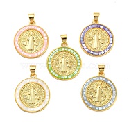 Brass Charms, with Shell, Cadmium Free & Lead Free, Long-Lasting Plated,  Flat Round with Cssml Ndsmd Cross God Father Religious Christianity, Real 18K Gold Plated, Mixed Color, 23x20x2mm, Hole: 4x3.5mm(KK-B059-50G-01)