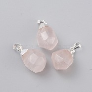 Natural Rose Quartz Pendants, with Brass Bails, Faceted, Teardrop, Silver Color Plated, 19~21x12~14x11~15mm, Hole: 5x3mm(X-G-G845-07S-11)