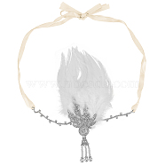 Feather Hippie Headband Floral Crown,with Alloy Chain & Rhinestone, Wedding Party Beach Bridal Decorative Hair Accessories, White, 220~1170x9~145x22mm, 2pcs/set(DIY-WH0321-41B)