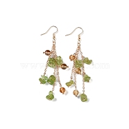 Golden Plated Brass Dangle Earrings, with Natural Olive Jade Chips, Jewely for Women, 80~84mm(EJEW-K275-01G-04)