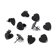304 Stainless Steel Stud Earring Findings, with Ear Nuts, Textured Heart, Electrophoresis Black, 12x13mm, Hole: 1.5mm, Pin: 0.7mm(STAS-I183-03B-EB)