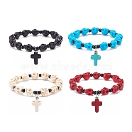 Natural Mashan Jade Skull Beaded Stretch Bracelet with Synthetic Turquoise(Dyed) Cross Charm, Gemstone Jewelry for Women, Mixed Color, Inner Diameter: 2-1/8 inch(5.5cm)(BJEW-JB08378)