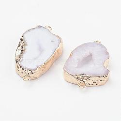Electroplate Natural Druzy Geode Quartz Crystal Links connectors, with Brass Findings, Nuggets, Golden, White, 22~45x10~35x4~5.5mm, Hole: 2mm(G-K189-04D)