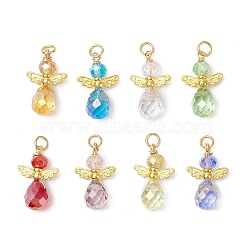 Electroplate Glass Pendants, Teardrop Shape Angel Charms, with Alloy Wings & Eco-Friendly Copper Wire Pins Loop, Faceted, Mixed Color, Golden, 22x14x7.5mm, Hole: 3.5mm(PALLOY-JF03508-01)