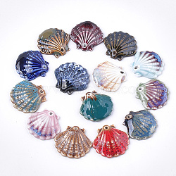 Handmade Porcelain Pendants, Fancy Antique Glazed Porcelain, Scallop Shell Shape, Mixed Color, 28.5x30x6mm, Hole: 2mm(PORC-S498-53)
