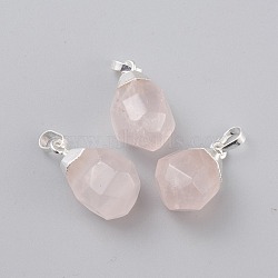 Natural Rose Quartz Pendants, with Brass Bails, Faceted, Teardrop, Silver Color Plated, 19~21x12~14x11~15mm, Hole: 5x3mm(X-G-G845-07S-11)