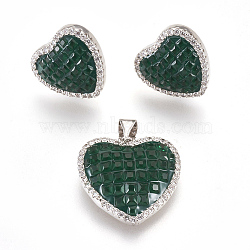 (Jewelry Parties Factory Sale), Fashionable Brass Micro Pave Cubic Zirconia Sets: Ear Studs & Pendants, with Enamel,Platinum Plated Color, Butterfly, Green, 19.5x19.5x5mm, hole: 4x4mm, 14.5x15x4mm, pin: 0.8mm(SJEW-J015-B01)