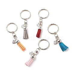 Faux Suede Tassel & Tibetan Style Alloy Pendant Keychain, with Iron Split Key Rings, Heart with Phrase Believe In Love, Mixed Color, 8.6cm(KEYC-JKC00342)