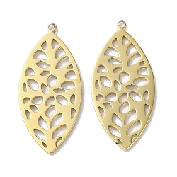 304 Stainless Steel Pendants, Hollow Leaf Charm, Real 18K Gold Plated, 21x9.5x0.7mm, Hole: 0.8mm(STAS-H185-06G)