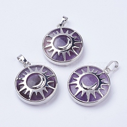 Natural Amethyst Pendants, with Brass Findings, Flat Round with Sun & Moon, Platinum, 31x27.5x8mm, Hole: 5x7mm(X-G-K234-B13)