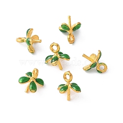 Brass Enamel Eye Pin Peg Bails, For Half Drilled Beads, Rack Plating, Long-Lasting Plated, Lead Free & Cadmium Free, Leaf, Real 18K Gold Plated, 8x5.5x6mm, Hole: 1.2mm, Pin: 0.5mm(KK-K399-07B-G)