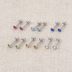 304 Stainless Steel Barbell Cartilage Earrings, Screw Back Earrings, with Rhinestone, Stainless Steel Color, Mixed Color, 10mm, Pin: 1mm, Tray: 3mm(EJEW-L208-02A-M)