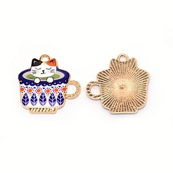 Japanese Style Print Alloy Enamel Pendants, Cup with Cat, Cadmium Free & Lead Free, Golden, Blue, 22.7x22.5x1.8mm, Hole: 1.8mm(ENAM-CJC0002-05B-RS)