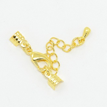 Golden Brass Chain Extender, with Lobster Claw Clasps and Fold Over Crimp Cord Ends, Nickel Free, Lead Free and Cadmium Free, 50x3.5mm, Hole: 1.5mm, Clasp: 7.5mm wide, 37mm long