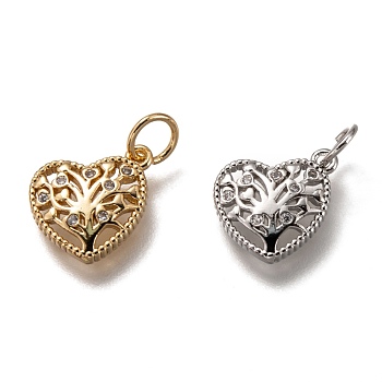 Brass Micro Pave Clear Cubic Zirconia Charms, Cadmium Free & Lead Free, Long-Lasting Plated, Heart with Tree of Life, Mixed Color, 10x10.5x2mm, Hole: 3mm