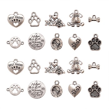 100Pcs 10 Styles Tibetan Style Alloy Puppy Pendants, Lead Free and Cadmium Free, Antique Silver, 7~14x10.5~18x2~3mm, Hole: 1.5~2mm, 10pcs/style