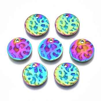 304 Stainless Steel Charms, Cadmium Free & Nickel Free & Lead Free, Hammered Flat Round, Rainbow Color, 12x1mm, Hole: 1.2mm