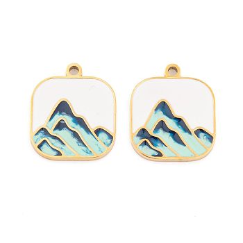 Ion Plating(IP) 304 Stainless Steel Pendants, with Enamel, Real 18K Gold Plated, Square with Moutain Charm, White, 17.5x15x1.5mm, Hole: 1mm
