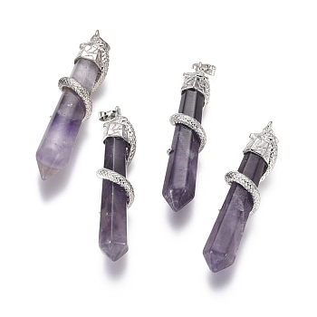 Natural Ametrine Big Pendants, with Brass Findings, Snake with Diamond, Platinum Metal Color, 60x12mm, Hole: 5x7mm